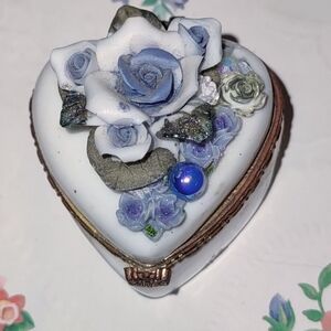 Blue Flowers on White Porcelain Heart-shaped Trinket Box Upcycled
